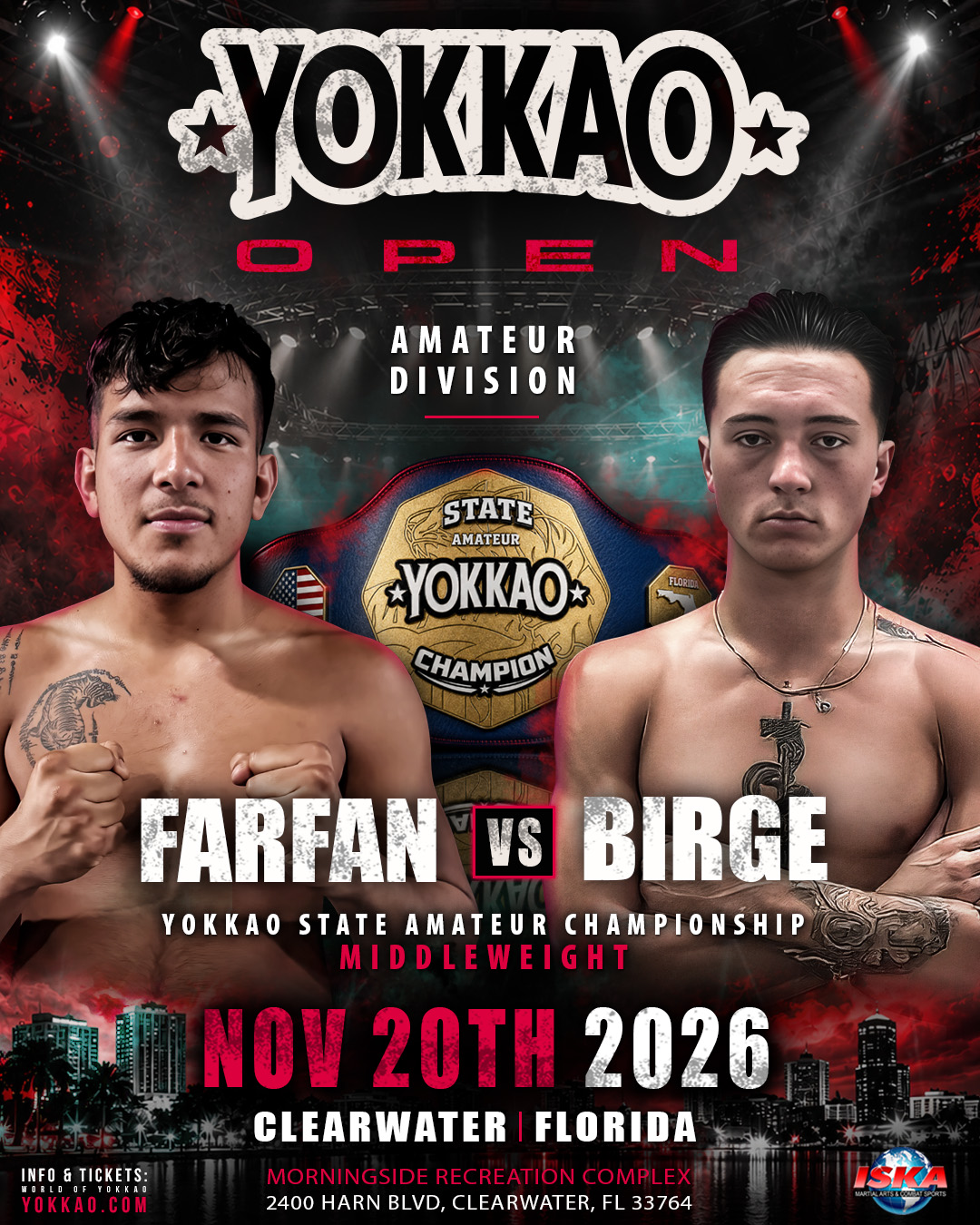 YOKKAO OPEN CLEARWATER - Amateur Division  Muay Thai — Alex Farfan vs Jack Birge matchup poster