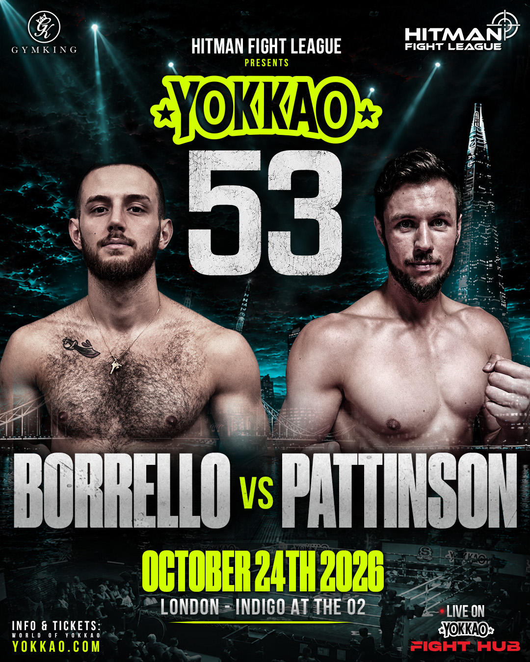 YOKKAO 53 Muay Thai — Ruben Borrello vs Dean Pattison matchup poster